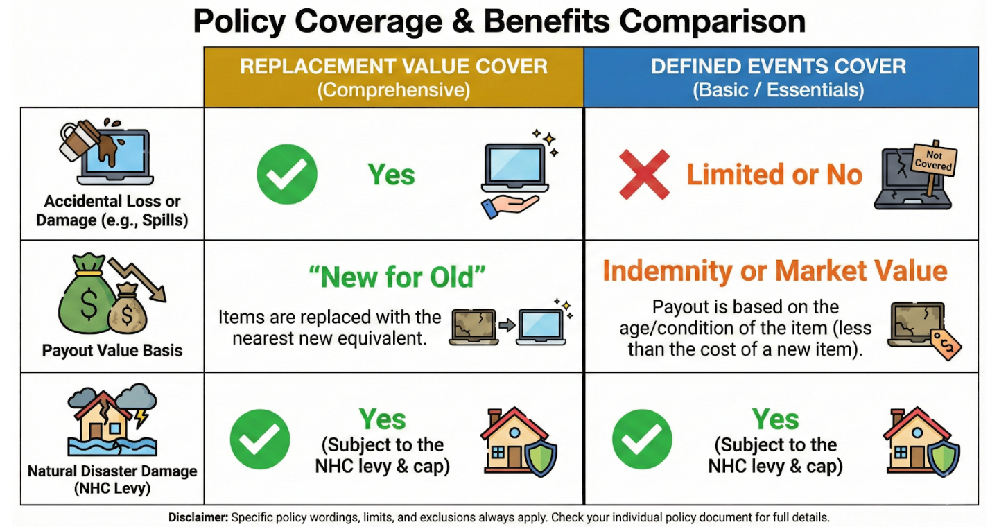 Quashed comparison chart: Replacement Value (New for Old) vs. Defined Events (Indemnity Value) cover benefits.