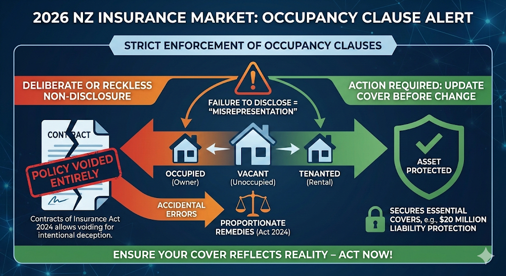 Quashed infographic explaining strict 2026 NZ insurance occupancy clauses and the risk of voided policies.