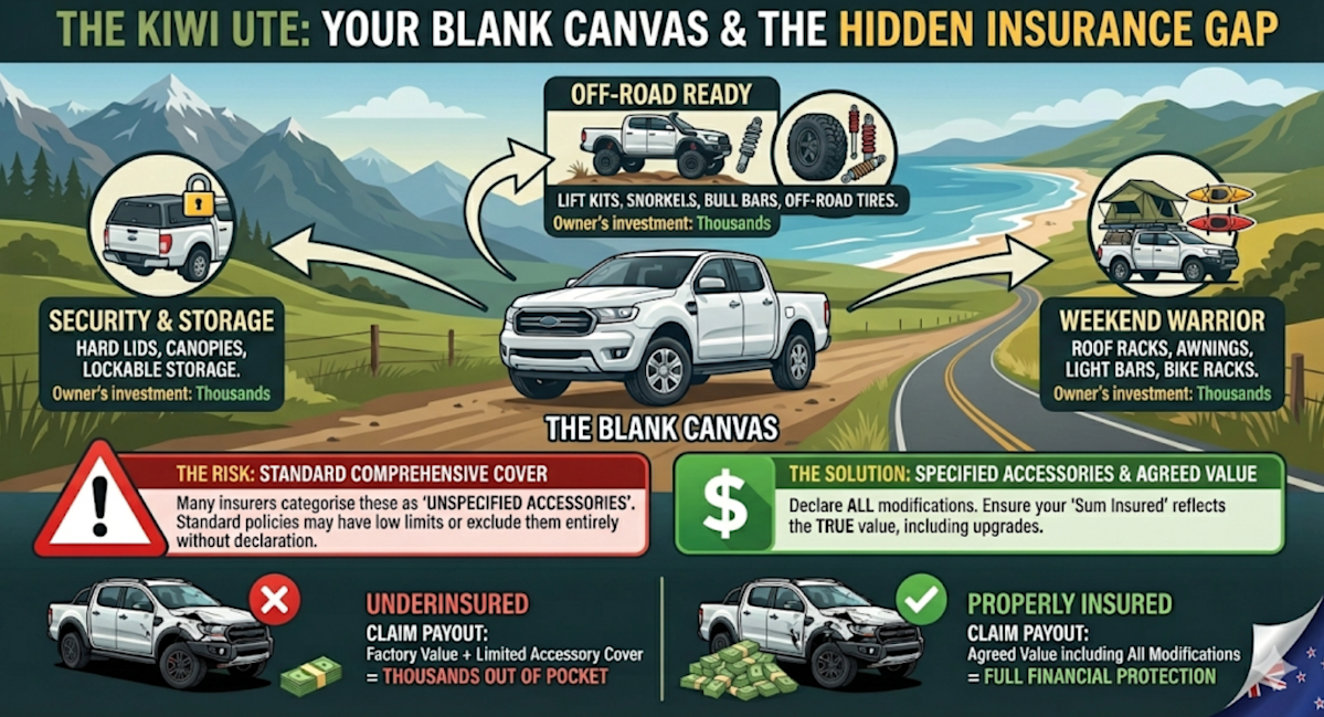 Infographic in a Quashed 2026 article illustrating the insurance gap for unlisted ute modifications like canopies and lift kits.