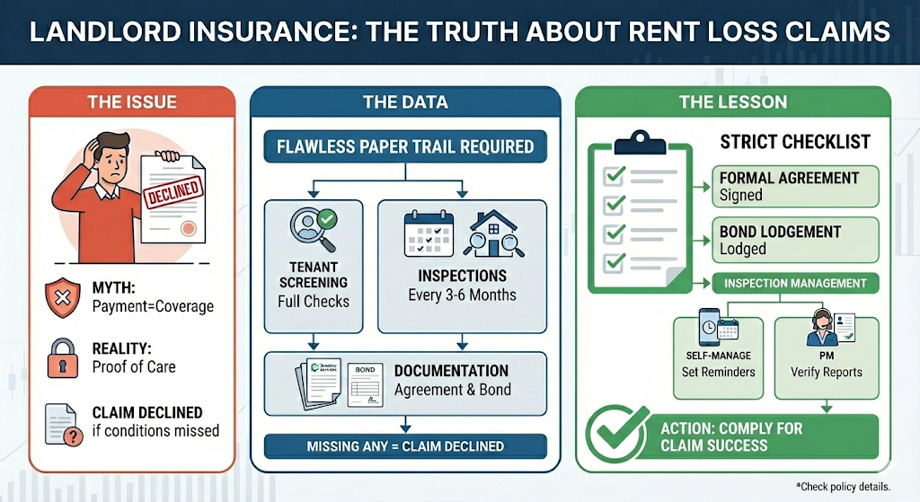 Quashed 2026 landlord insurance infographic outlining essential compliance steps and documentation for successful rent loss claims.