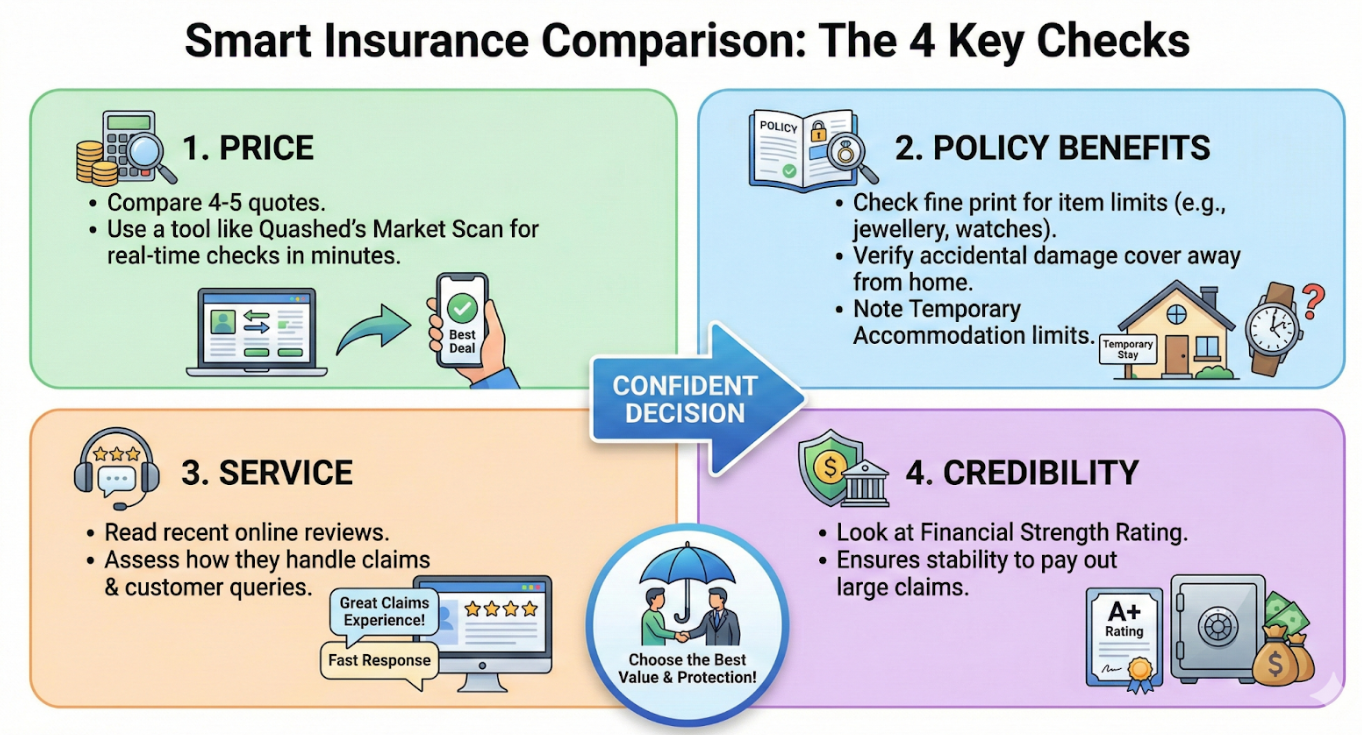 Infographic showing 4 key steps to compare NZ contents insurance quotes: Price, Benefits, Service, and Credibility.