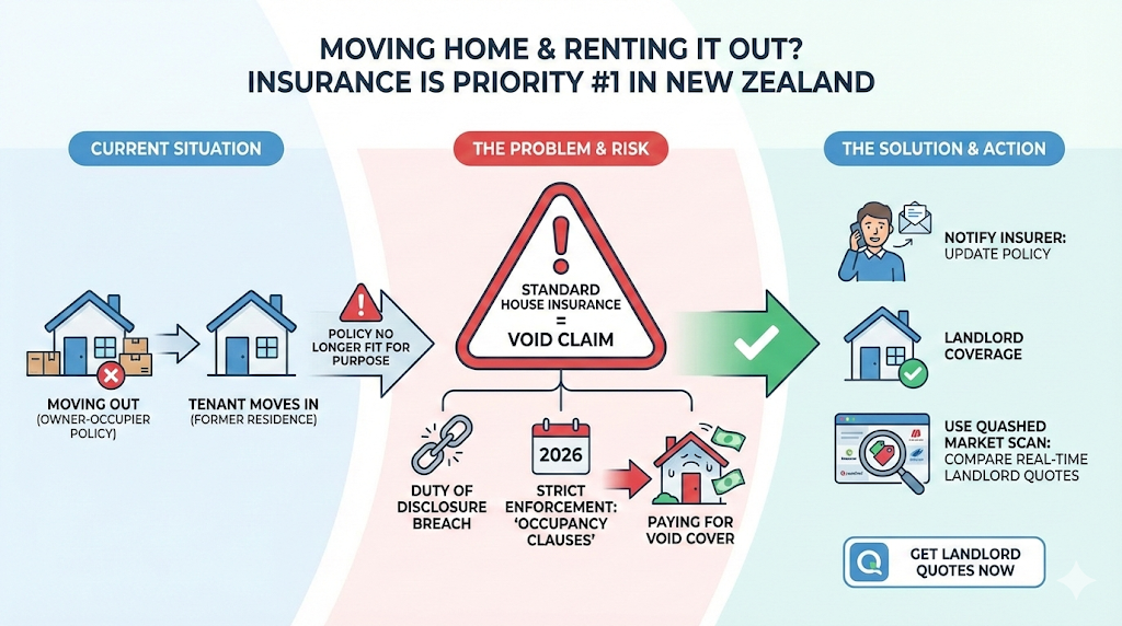 Quashed infographic explaining why NZ homeowners must switch to landlord insurance when renting out their home to avoid voided claims under strict 2026 occupancy enforcement.