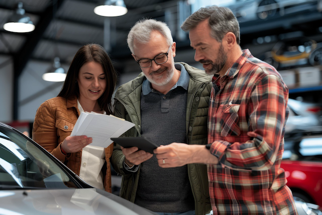 A Kiwi couple receiving car keys from a New Zealand car dealer, representing the importance of arranging insurance before driving a new vehicle off the dealership lot in 2026.