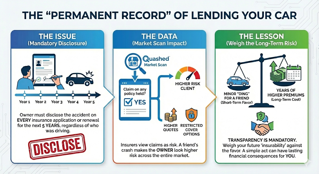 Quashed 2026 infographic illustrating the long-term consequences of lending your car where an accident results in mandatory 5-year disclosure and higher insurance quotes.