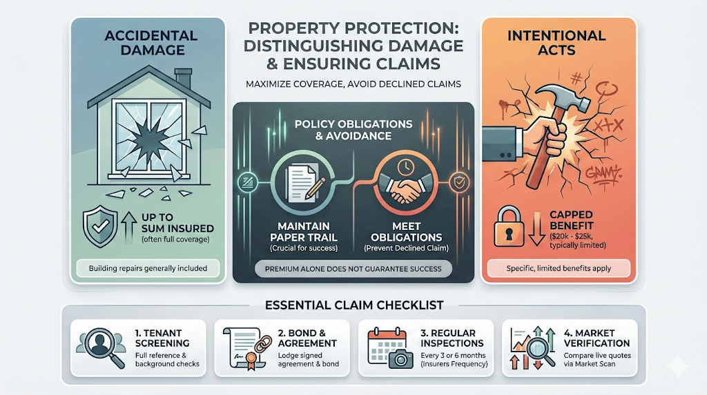 Quashed property protection infographic for 2026 detailing the difference between accidental and intentional damage and an essential insurance claim checklist.