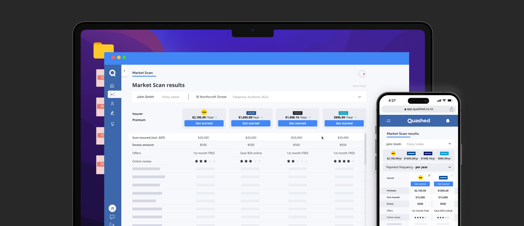 Quashed insurance comparison platform interface showing multiple NZ insurer options in 2026.