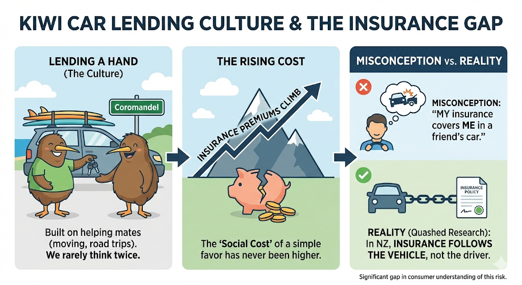 An infographic from Quashed in 2026 about the NZ car insurance portable policy myth showing that insurance is tied to the vehicle not the driver and advising to check for Open Driver status before borrowing a car.
