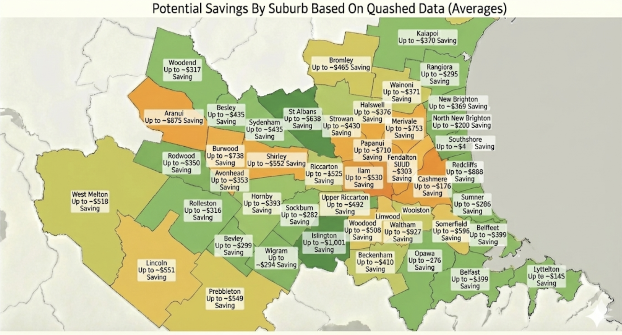Map of Christchurch, NZ showing potential contents insurance savings by suburb. Used in a Quashed 2026 Guide to Best Value Contents Insurance Coverage. 