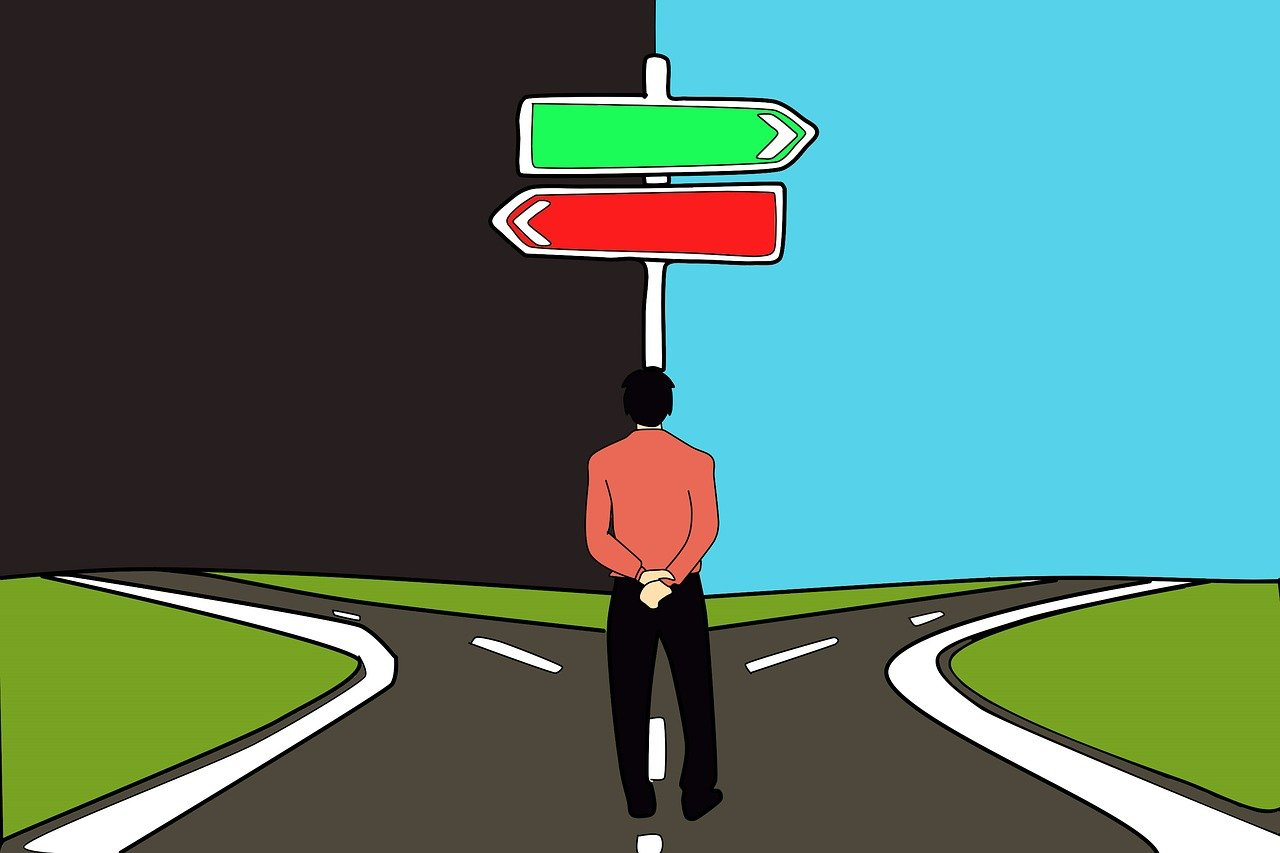 Illustration of a driver standing at a fork in the road with directional signs, representing the decision-making process between choosing Comprehensive, TPFT, or Third Party car insurance in New Zealand after reading this Quashed 2026 article. 