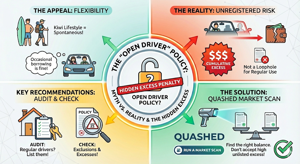 Quashed 2026 car insurance infographic explaining the hidden excess penalty in open driver policies and how a Quashed Market Scan helps find balanced coverage without high unlisted driver fees.