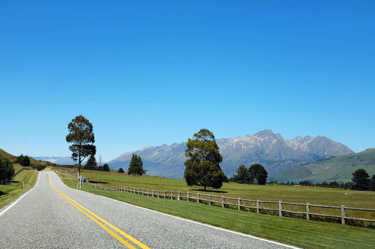 A long, paved New Zealand highway leading toward mountains; highlighting 2026 rego and road user costs from the Quashed guide.