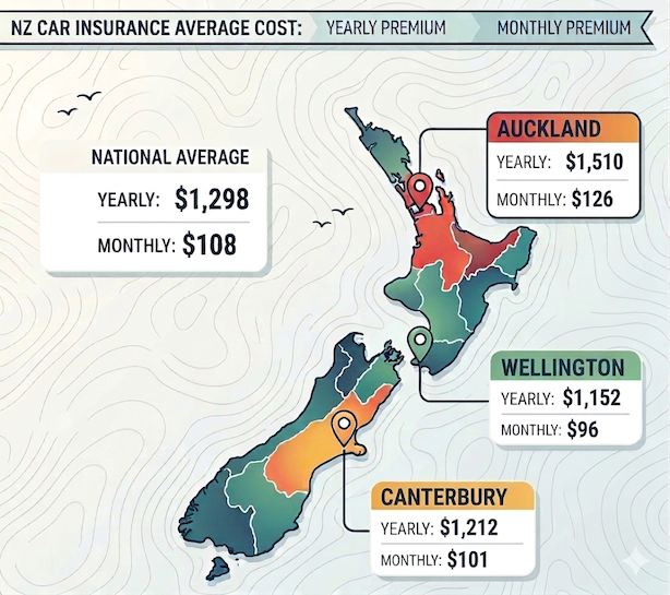 An infographic map of New Zealand displaying 2026 average car insurance costs, with regional data for Auckland ($1,510), Wellington ($1,152), and Canterbury ($1,215).