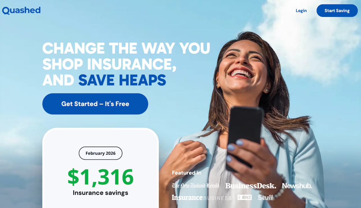 2026 Quashed landing page showing annual insurance savings of $1,316 in NZ.