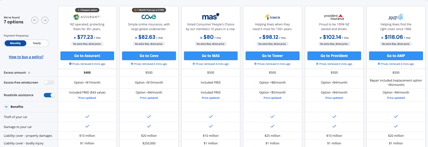 Quashed Market Scan tool comparing real-time insurance quotes from multiple NZ insurers including premium prices and policy coverage options in 2026. 