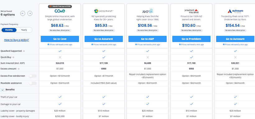 Quashed Market Scan tool comparing real-time insurance quotes from multiple NZ insurers including premium prices and policy coverage options in 2026. 