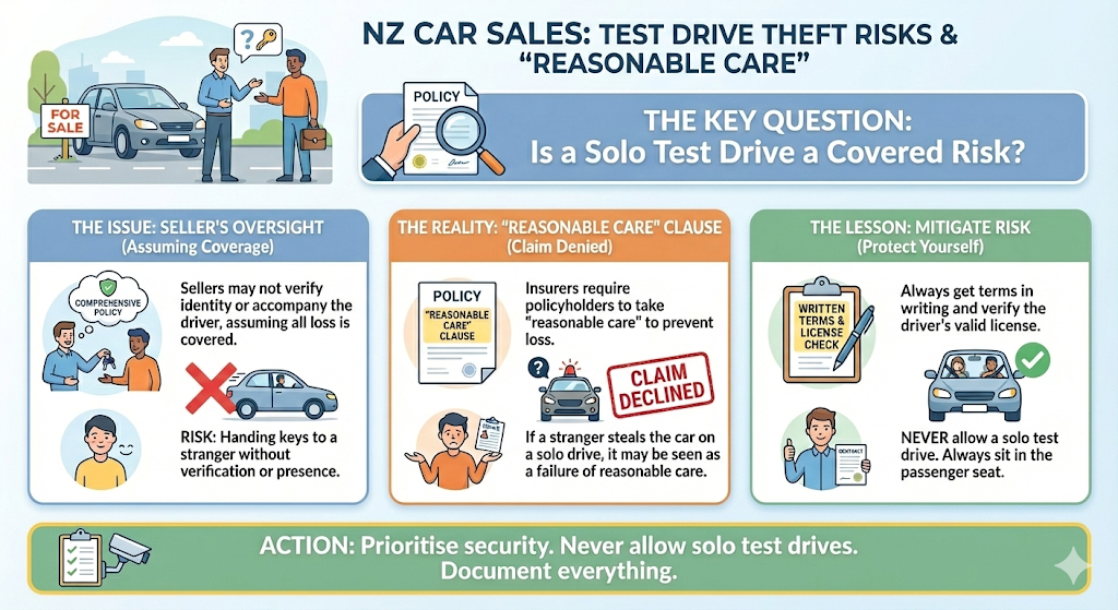 A Quashed 2026 security guide illustrating how solo test drives can lead to declined theft claims under 'Reasonable Care' clauses and why sellers should always stay in the vehicle.