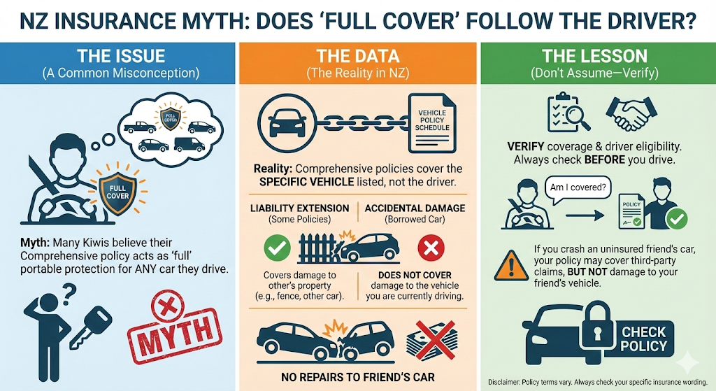 Quashed 2026 infographic explaining that comprehensive insurance follows the vehicle not the driver meaning your policy may cover third party liability but not repairs to a friend's borrowed car.