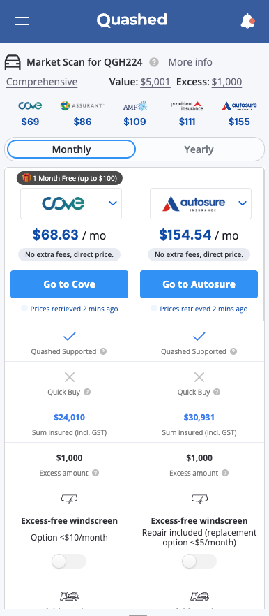 Quashed 2026 Market Scan mobile app interface displaying personalised insurance quotes on smartphone.