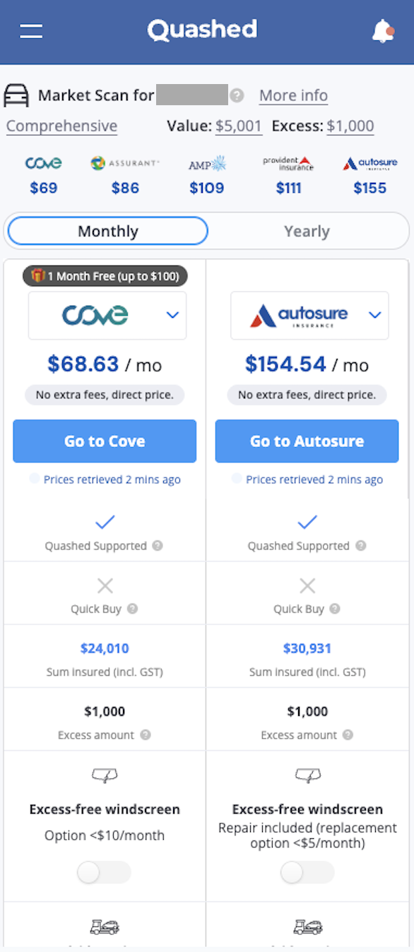 Quashed 2026 Market Scan mobile app interface displaying personalised insurance quotes on smartphone.