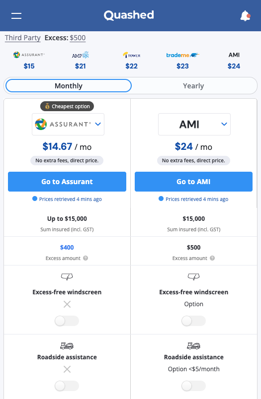 Quashed 2026 Market Scan mobile app interface displaying personalised insurance quotes on smartphone.