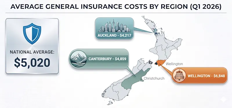 Infographic map of New Zealand showing average general insurance costs by region for Q1 2026, with a national average of $5,020, Auckland at $4,217, Canterbury at $4,859, and Wellington at $6,848.