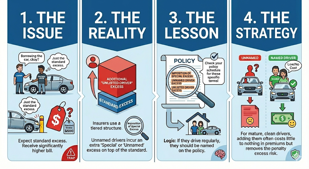 Quashed 2026 infographic explaining the unlisted driver excess trap in car insurance.