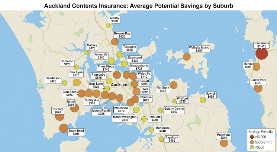 Map of Auckland contents insurance potential savings by suburb (Source: Quashed Data).