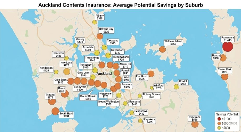 Map of Auckland contents insurance potential savings by suburb (Source: Quashed Data).