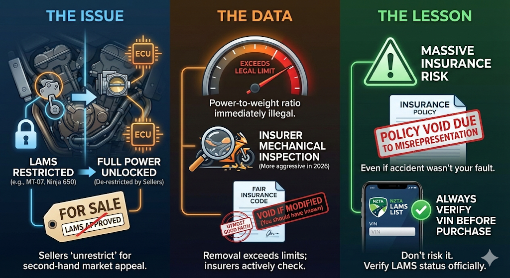 Infographic warning NZ riders that de-restricting LAMS bikes (like the MT-07) voids insurance. Highlights that 2026 insurer inspections detect modifications, leading to policy cancellation for misrepresentation. Advises verifying VINs via the NZTA LAMS list.