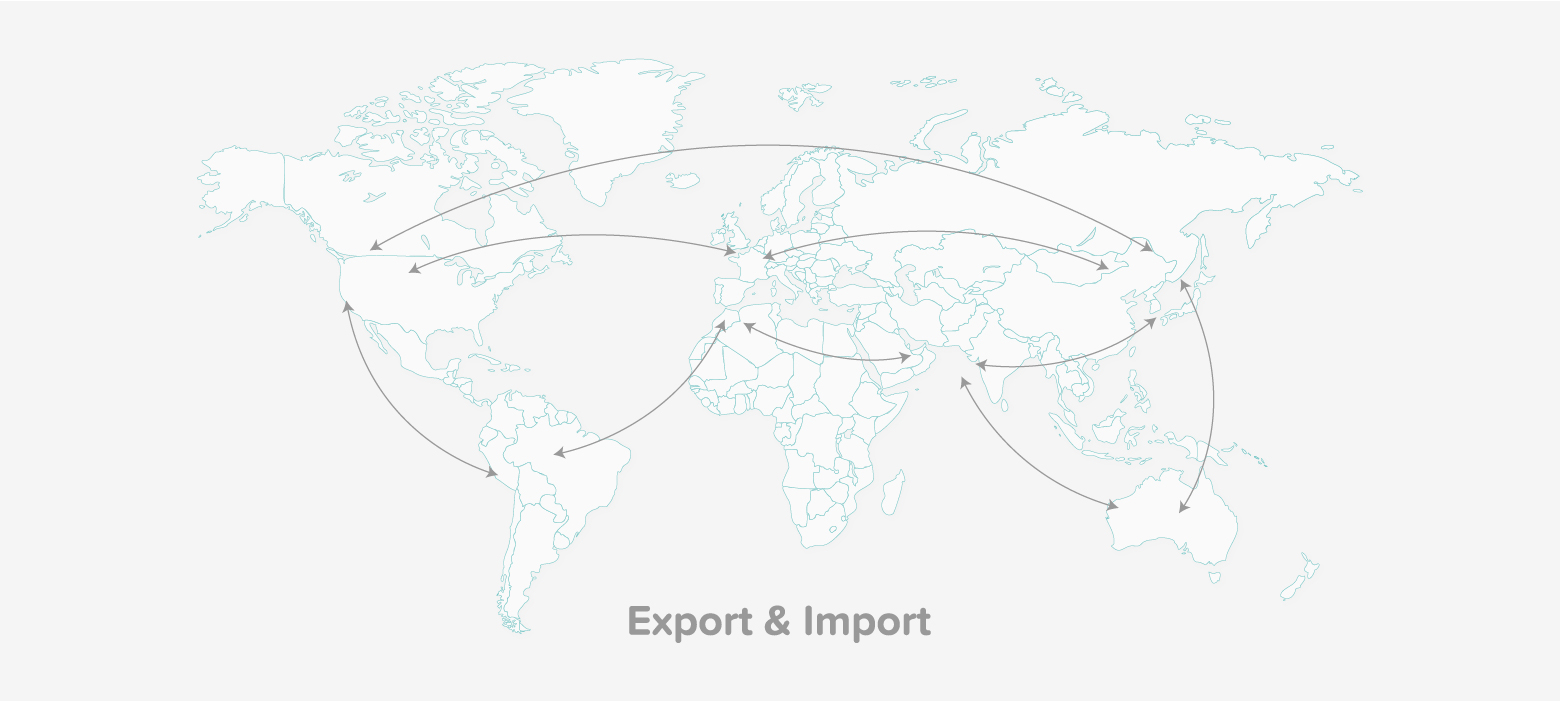 Carte du monde avec des flèches symbolisant l'exportation et l'importation dans le commerce mondial