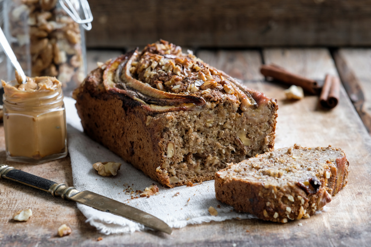 a loaf of finished banana bread