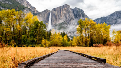 Yosemite waterfall with walkway during fall