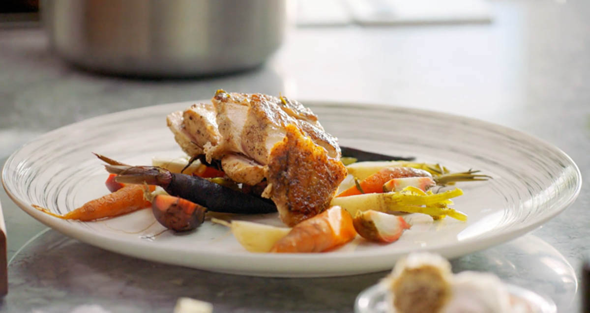 Gordon Ramsay's chicken and root vegetables on plate