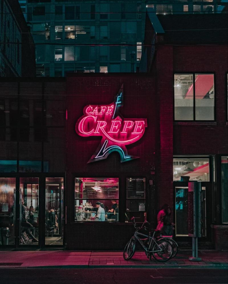 an image of an illuminated cafe sign as an example of night shots