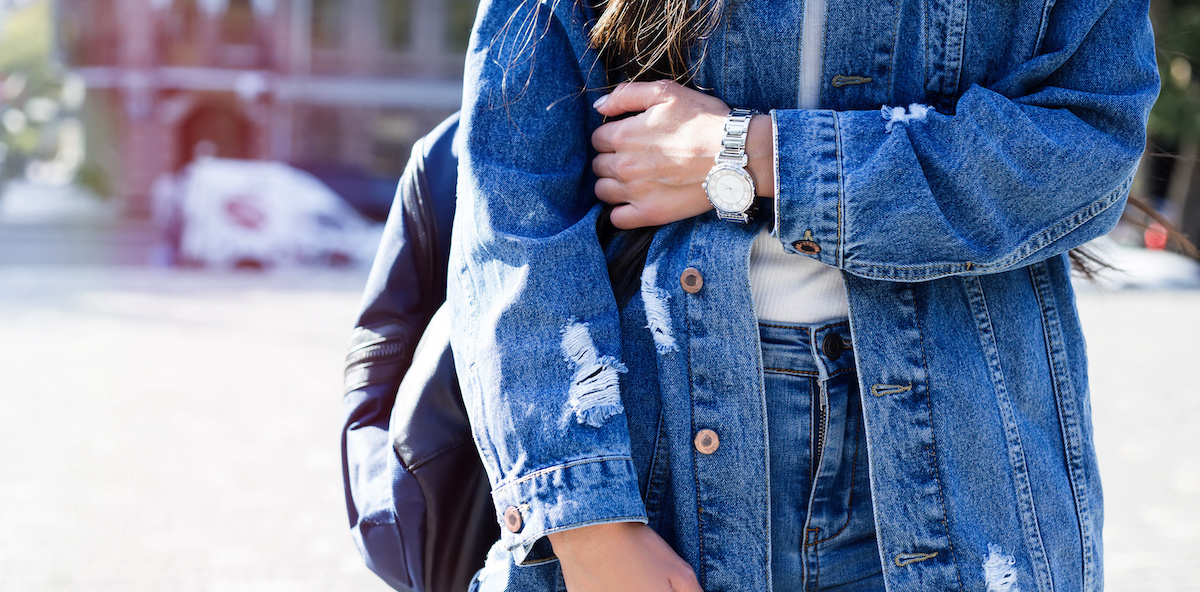 Denim jacket outlet with blue jeans