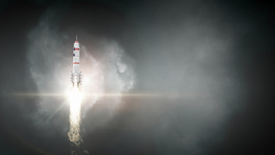 Rocket ship in space with smoke