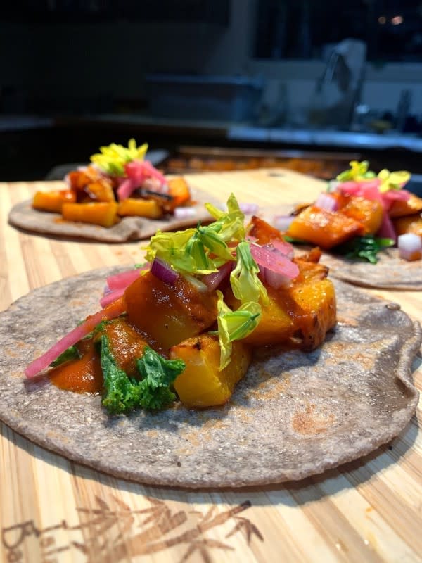 Butternut Chile Tacos on Blue Corn Tortilla by Fallon Bader