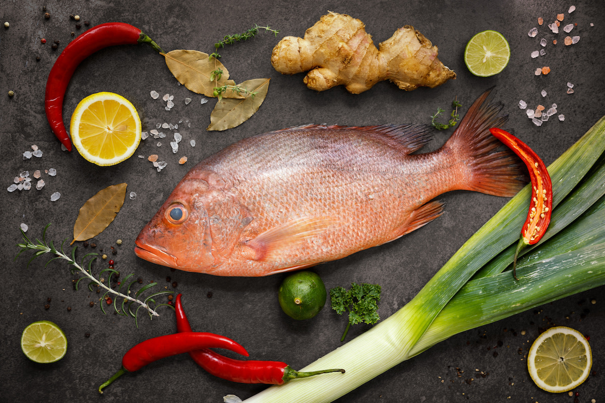 Red snapper fish on black background with ingredients