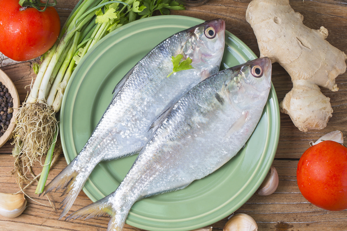 Raw Shad fish on green plate with raw vegetables and ingredients