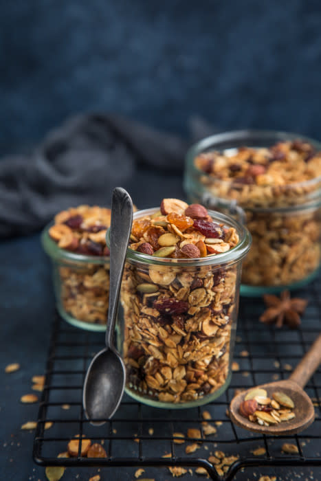 Granola in mason jar on cooling rack