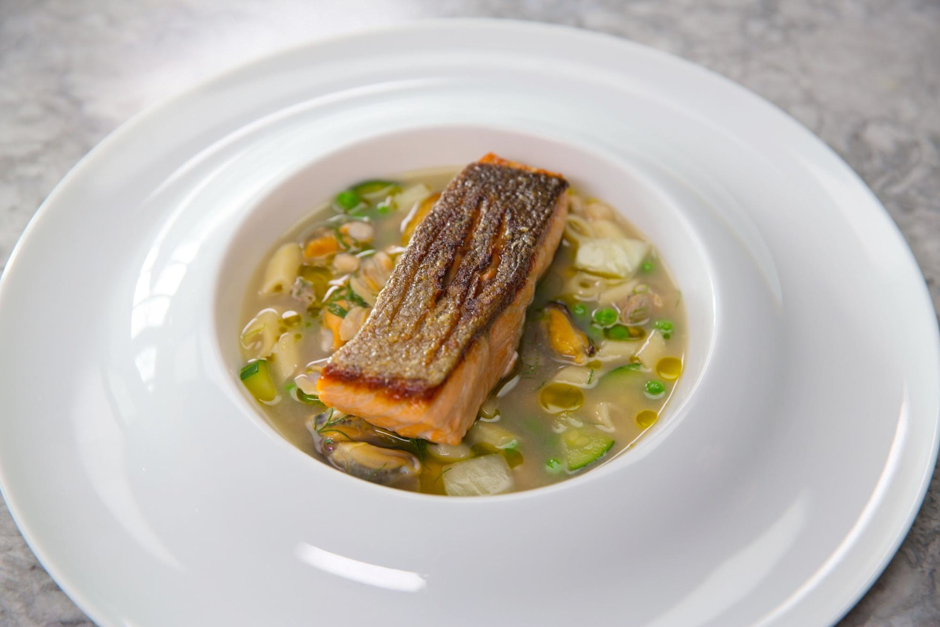 salmon with shellfish minestrone