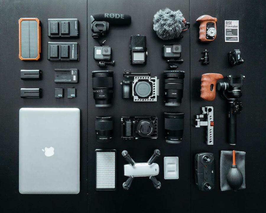 camera equipment laid out on a table