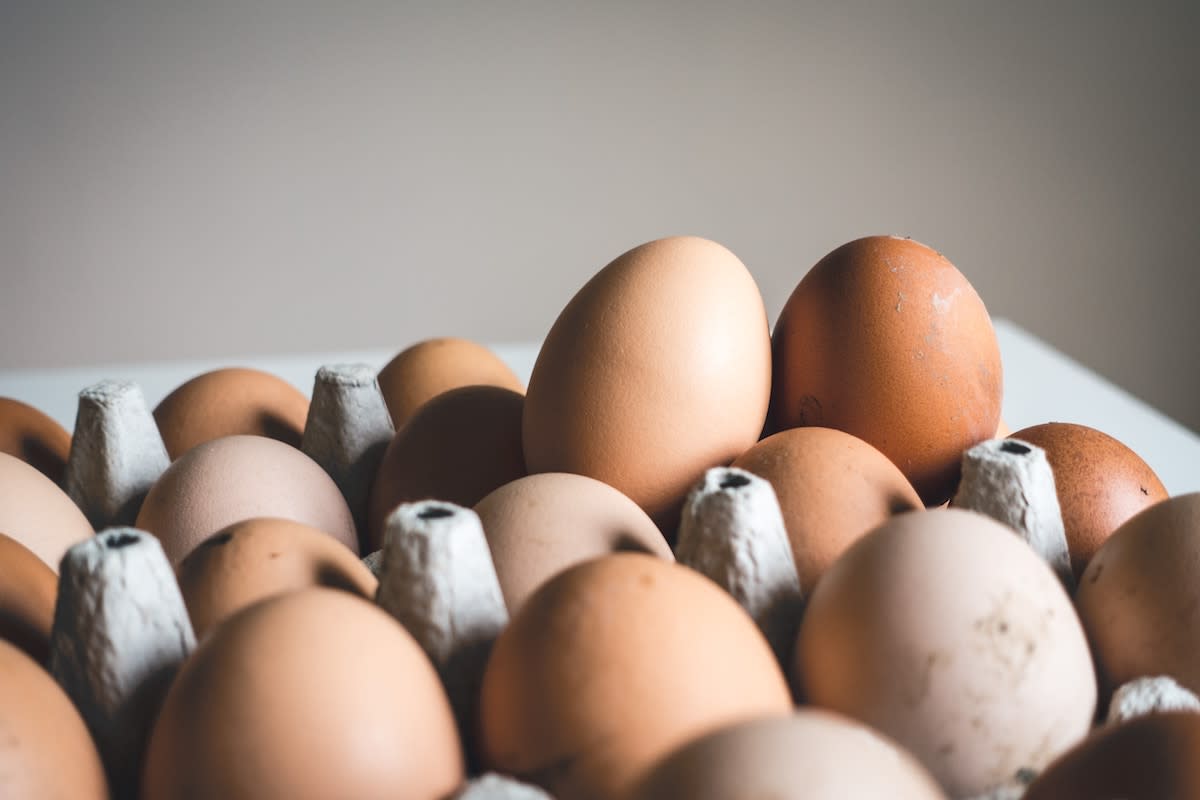 Different colored eggs in carton