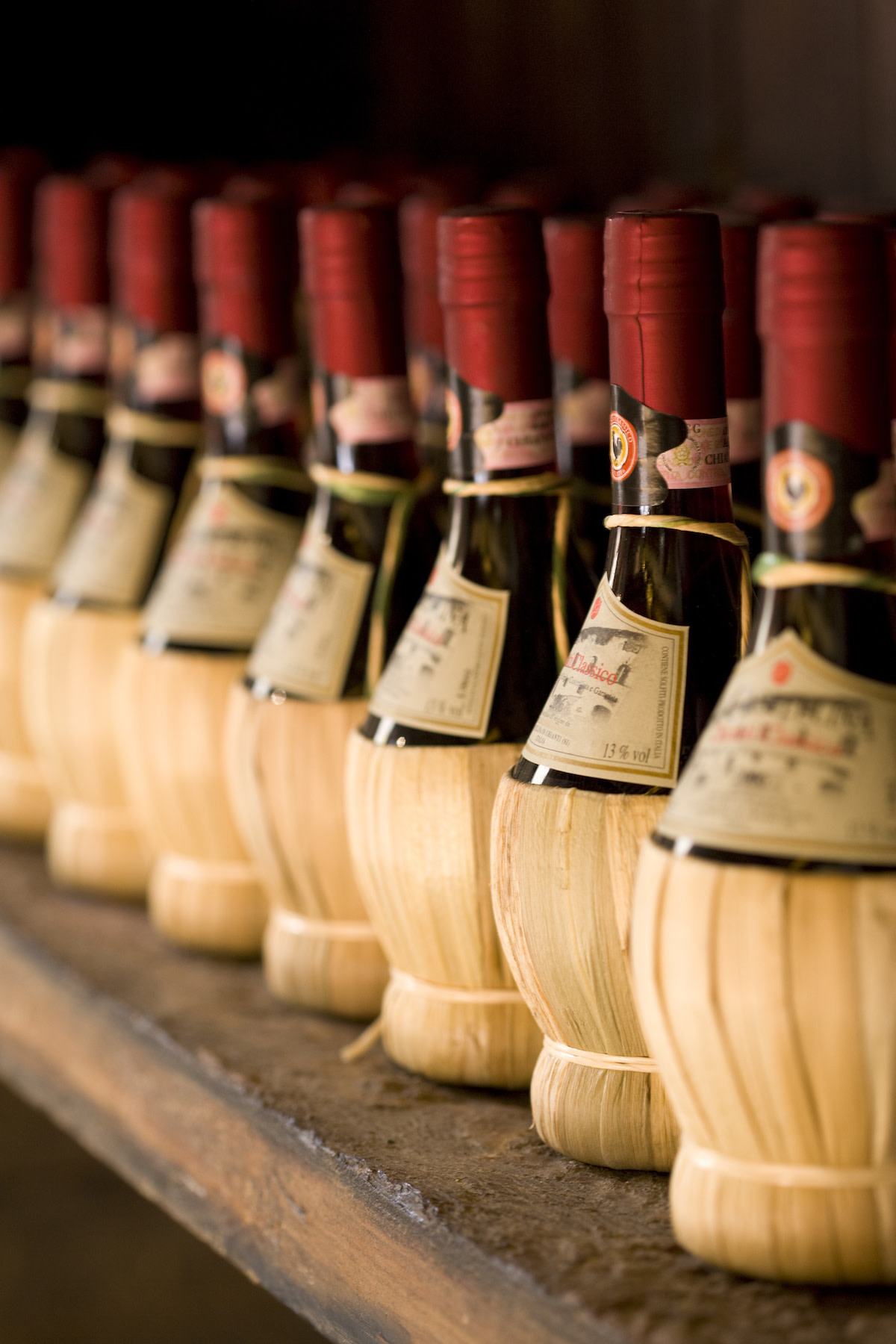 Chianti wine bottles on shelf