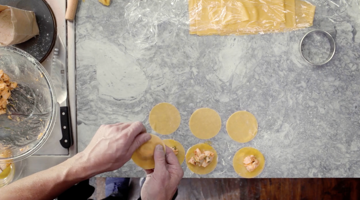 Gordon Ramsay putting filling in ravioli