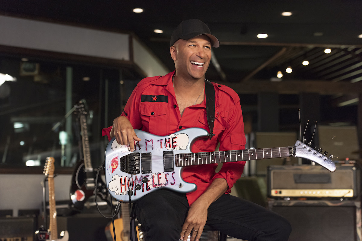 Tom Morello with electric guitar in studio