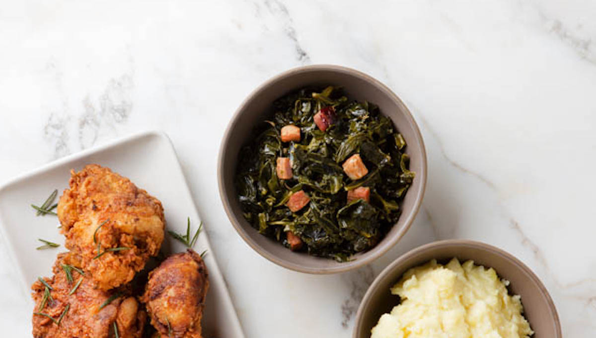 Thomas Keller's braised greens with chicken and potatoes in bowls