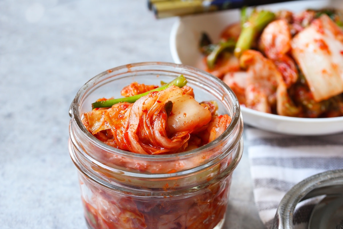 Kimchi in mason jar and in bowl