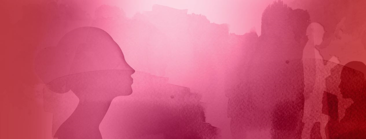 Against a watercolor ombre background that fades between shades of red, pink and purple, there is the silhouette of a woman's head shown in profile and another of a young woman standing while reading a book.