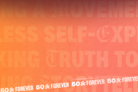 Orange gradient image with large text that says "50 & Forever" in white.